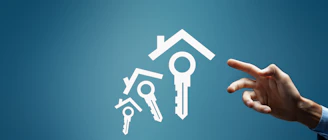 Hand reaching for house and key icons on blue background