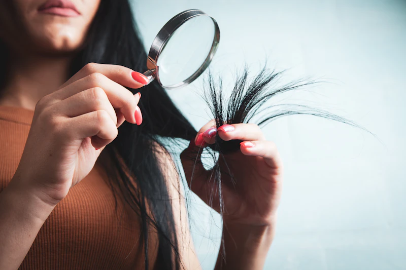 Woman examining her hair