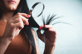 Woman examining split ends of hair with magnifying glass