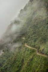 A winding road through a misty, green mountain landscape.