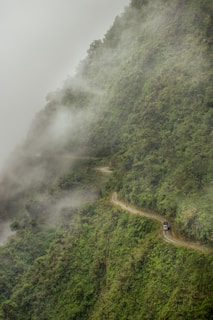 A winding road through a misty, green mountain landscape.