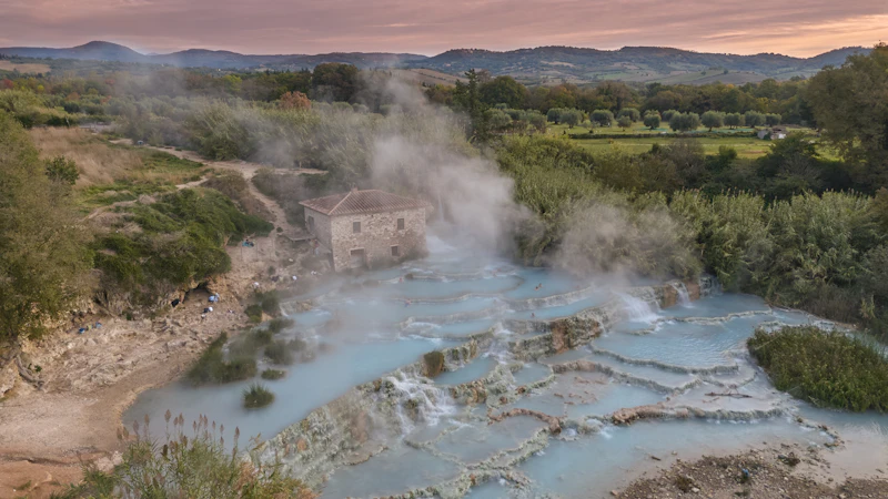Bagno Vignoni thermal pool with historic building