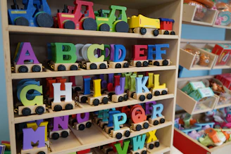 Colorful wooden alphabet letters on toy train wheels