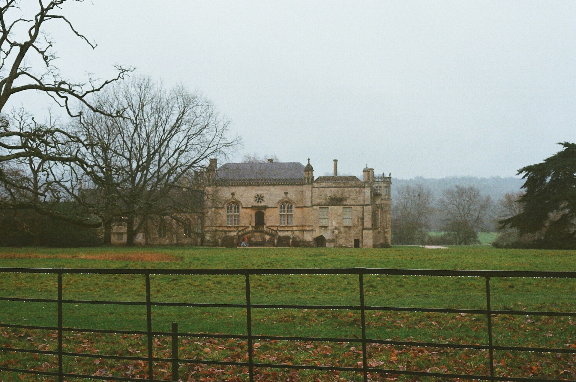 Old stone manor house surrounded by trees