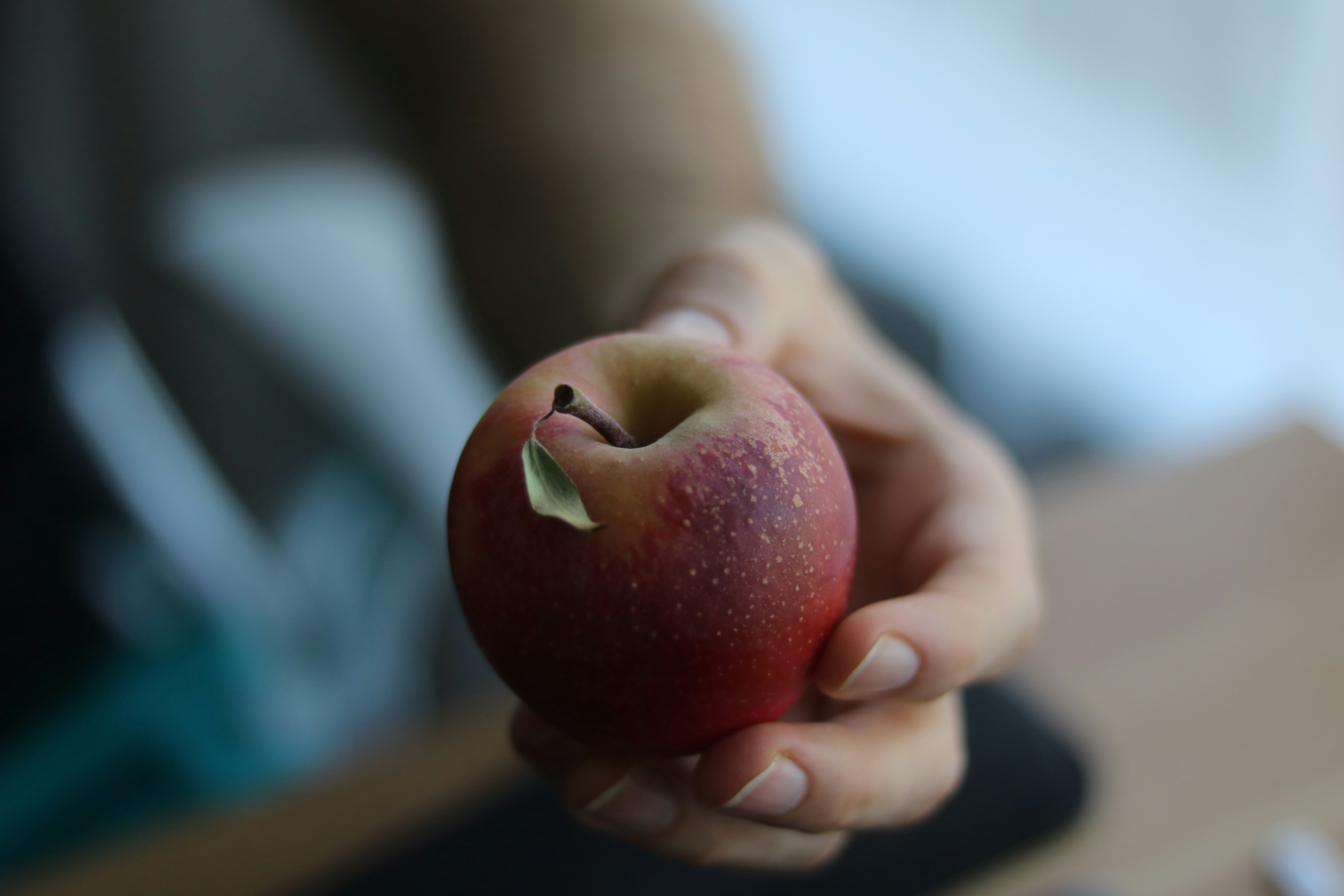 Una mano sostiene una manzana roja madura con una pegatina.