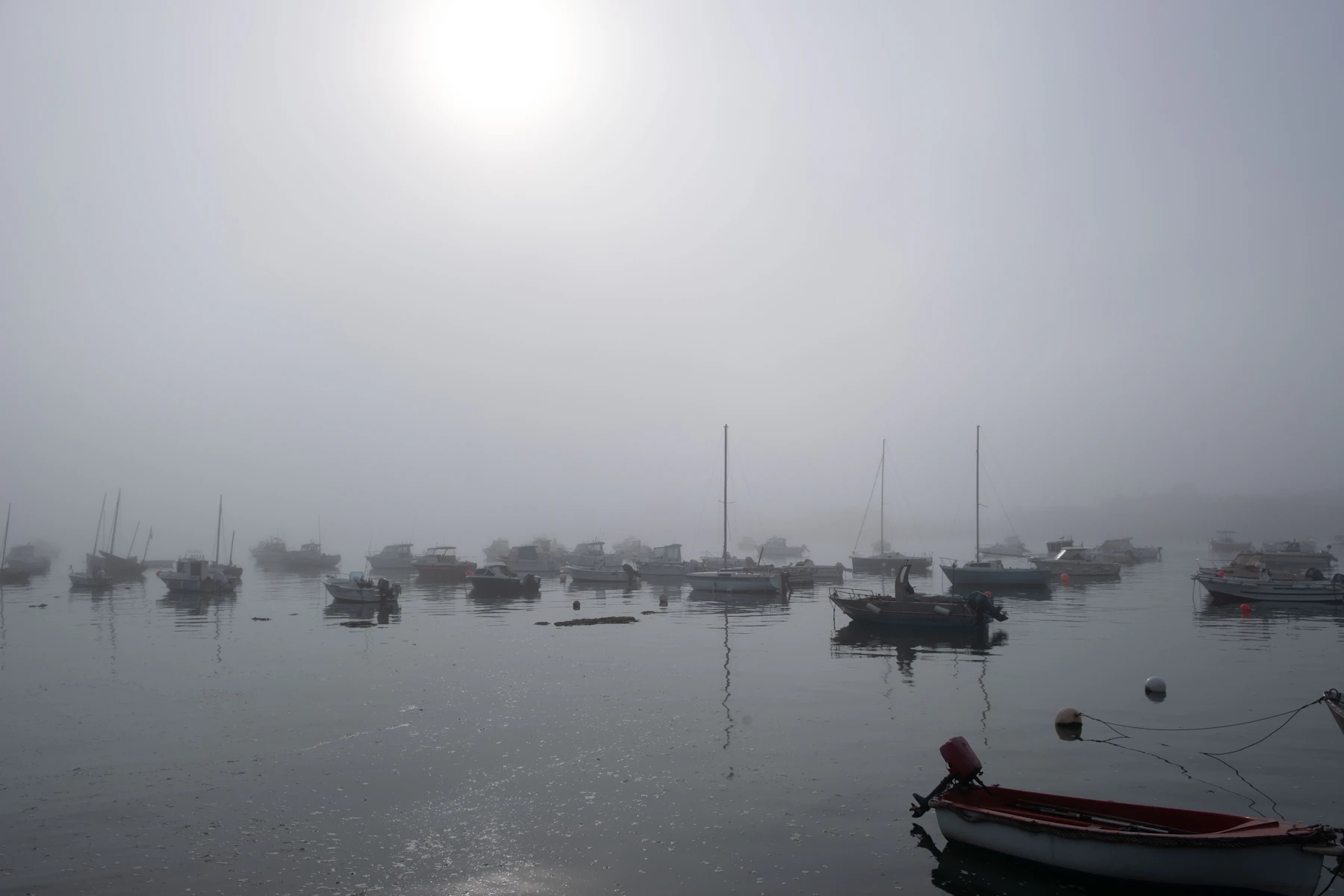 Boats moored in a foggy harbor at sunrise with calm water