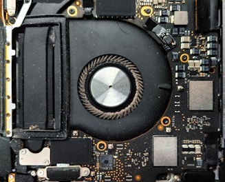 Close-up of a computer fan and circuit board