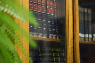 Bookshelves filled with old books in a library.