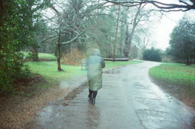 Person walks down a wet path in the rain