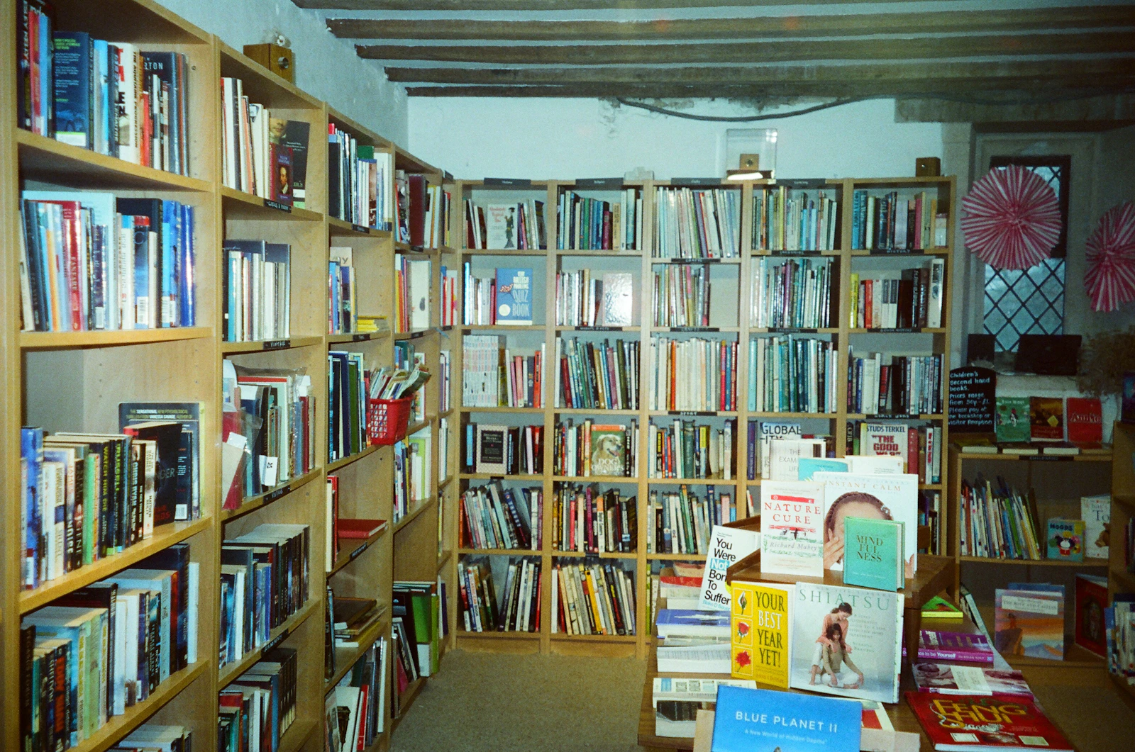 Prateleiras de madeira cheias de livros em uma livraria acolhedora
