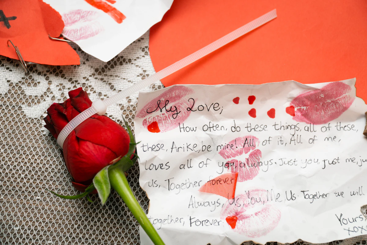 A rose and handwritten love letter representing romantic anniversary gifts for her
