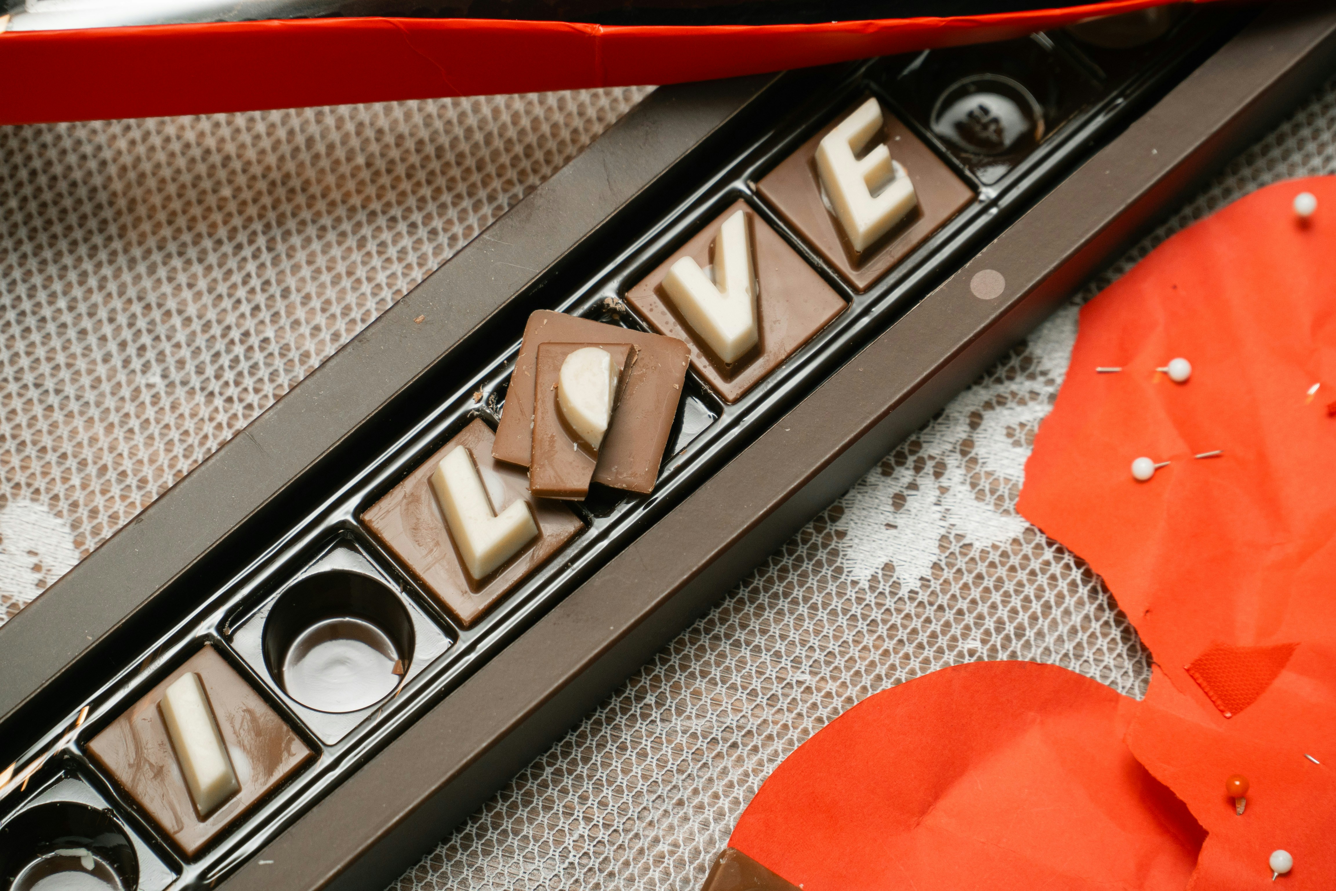 Chocolates spelling out the word love