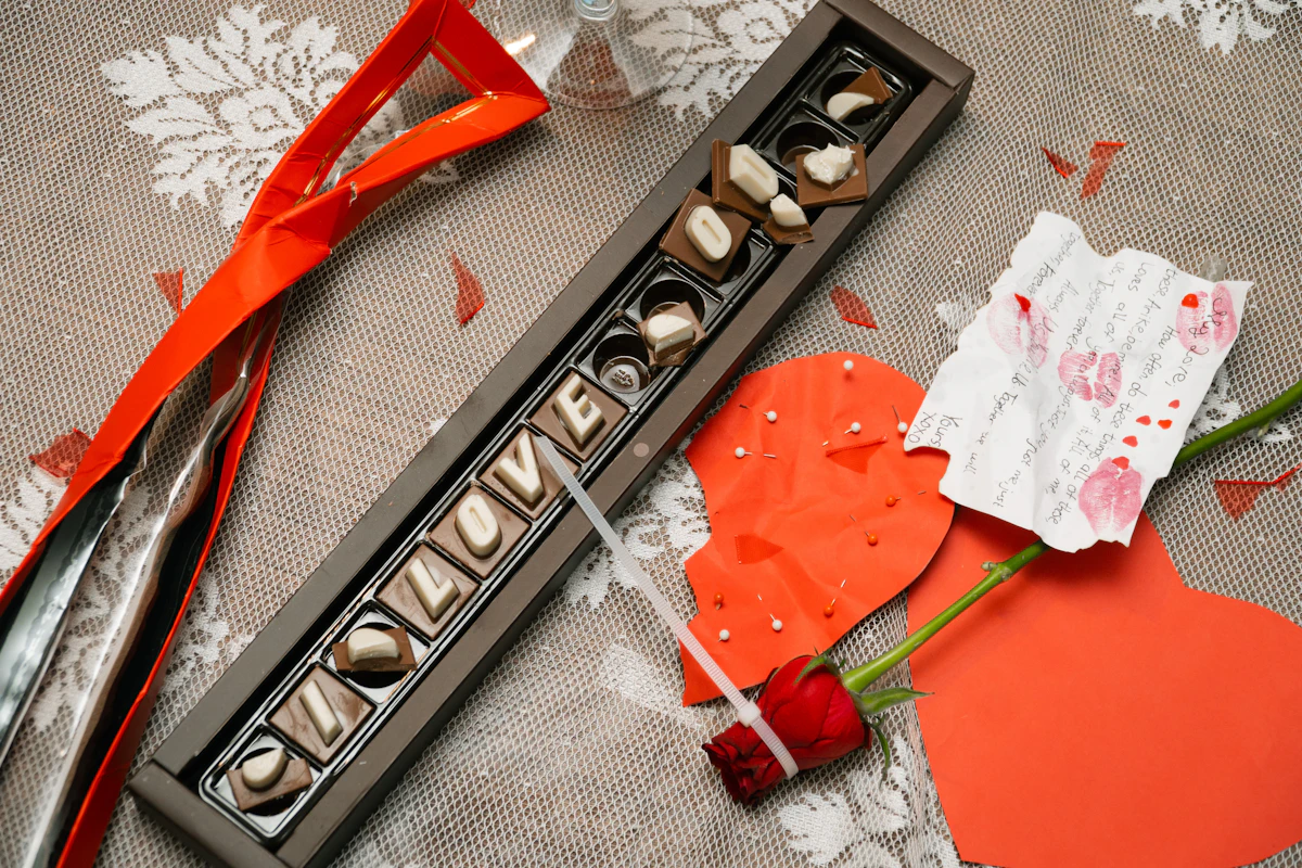 A romantic chocolate gift and handwritten note for an anniversary celebration