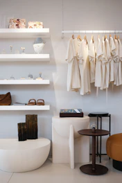 Modern boutique interior with clothing and accessories