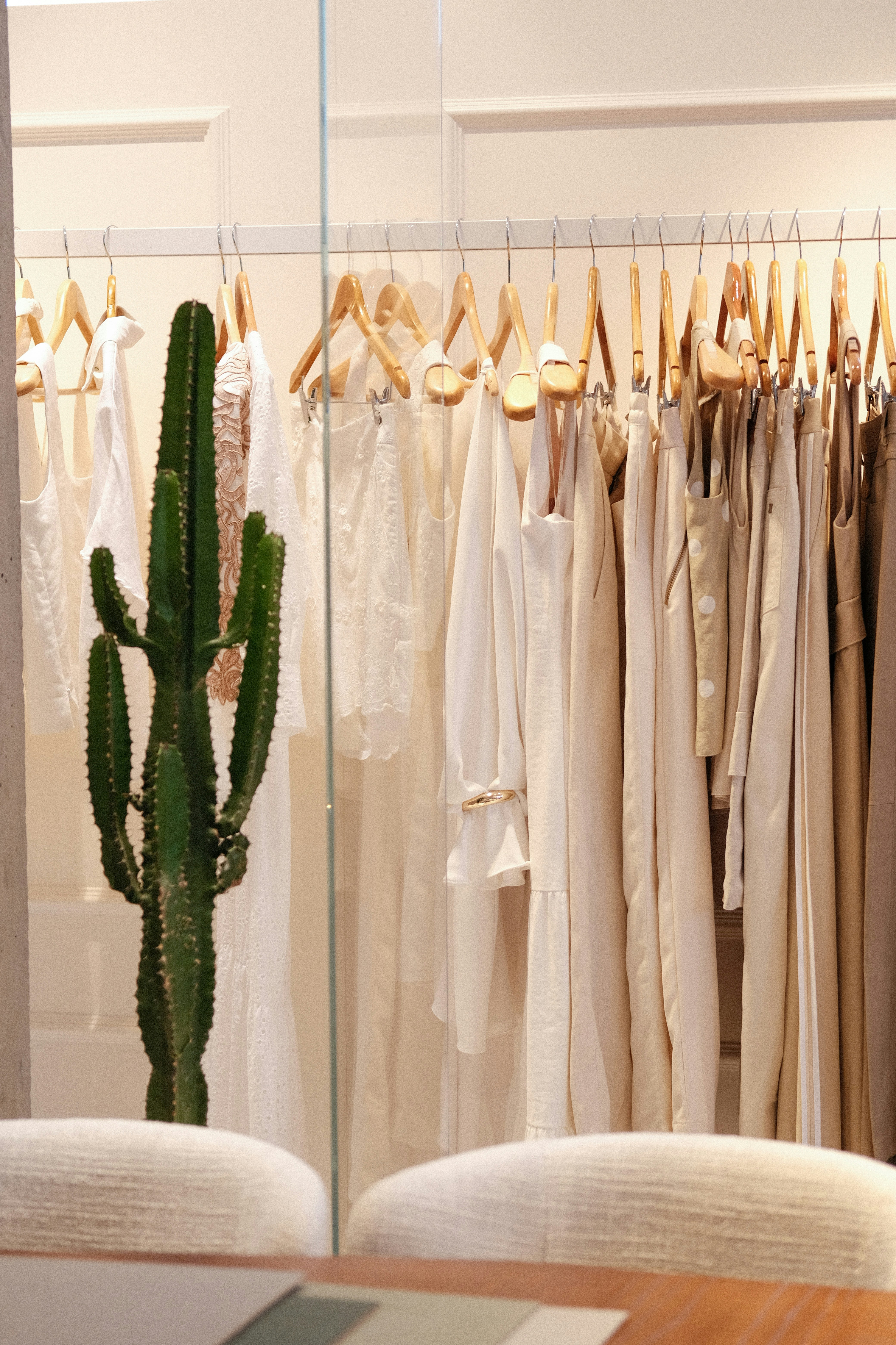 Cactus and white dresses on display rack