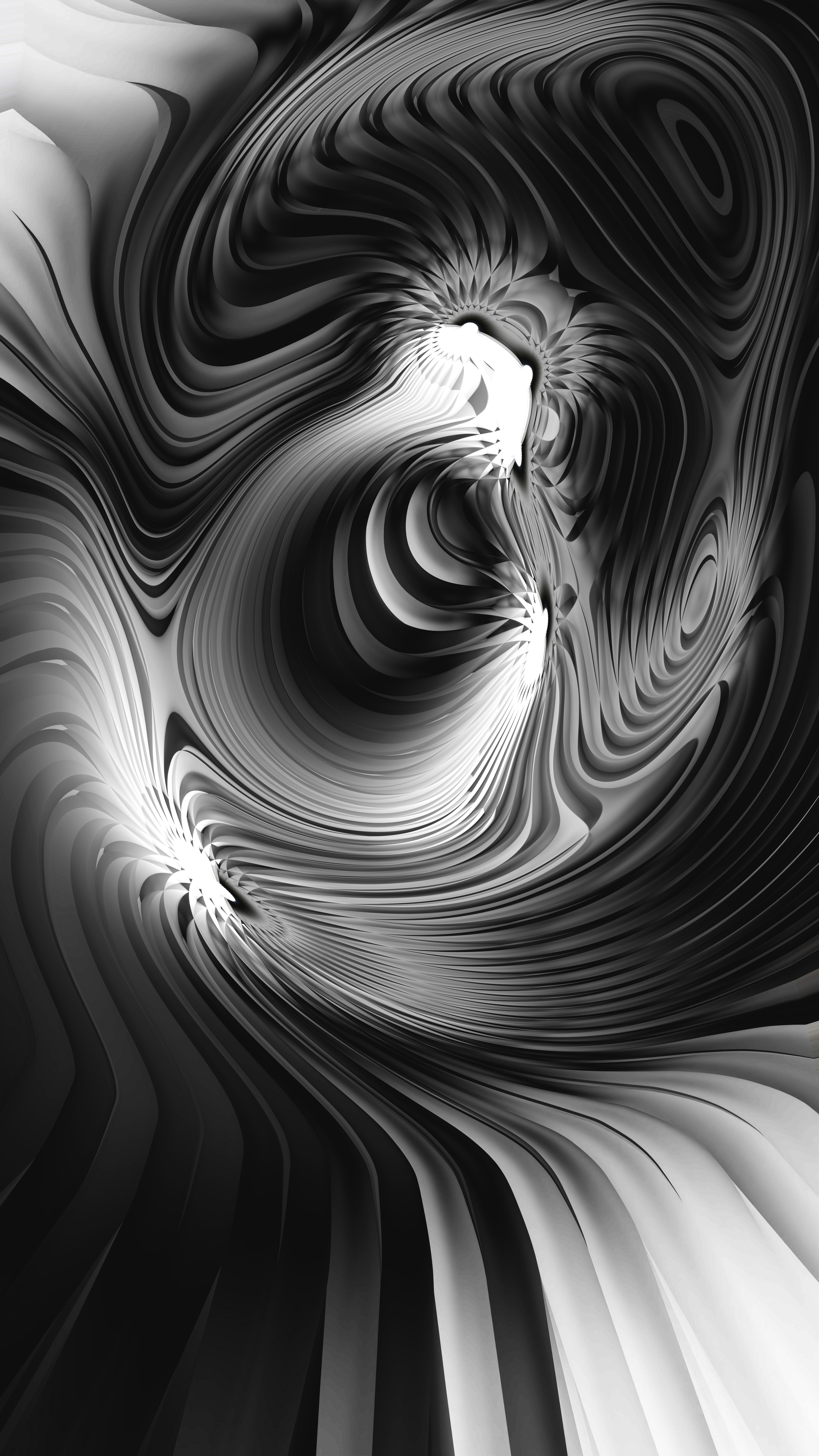 Abstract black and white swirling patterns with light effects.