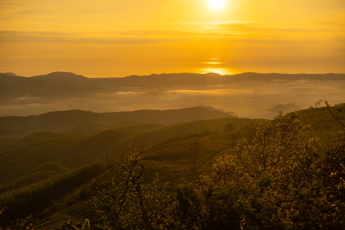 Golden sunrise over misty mountains and ocean