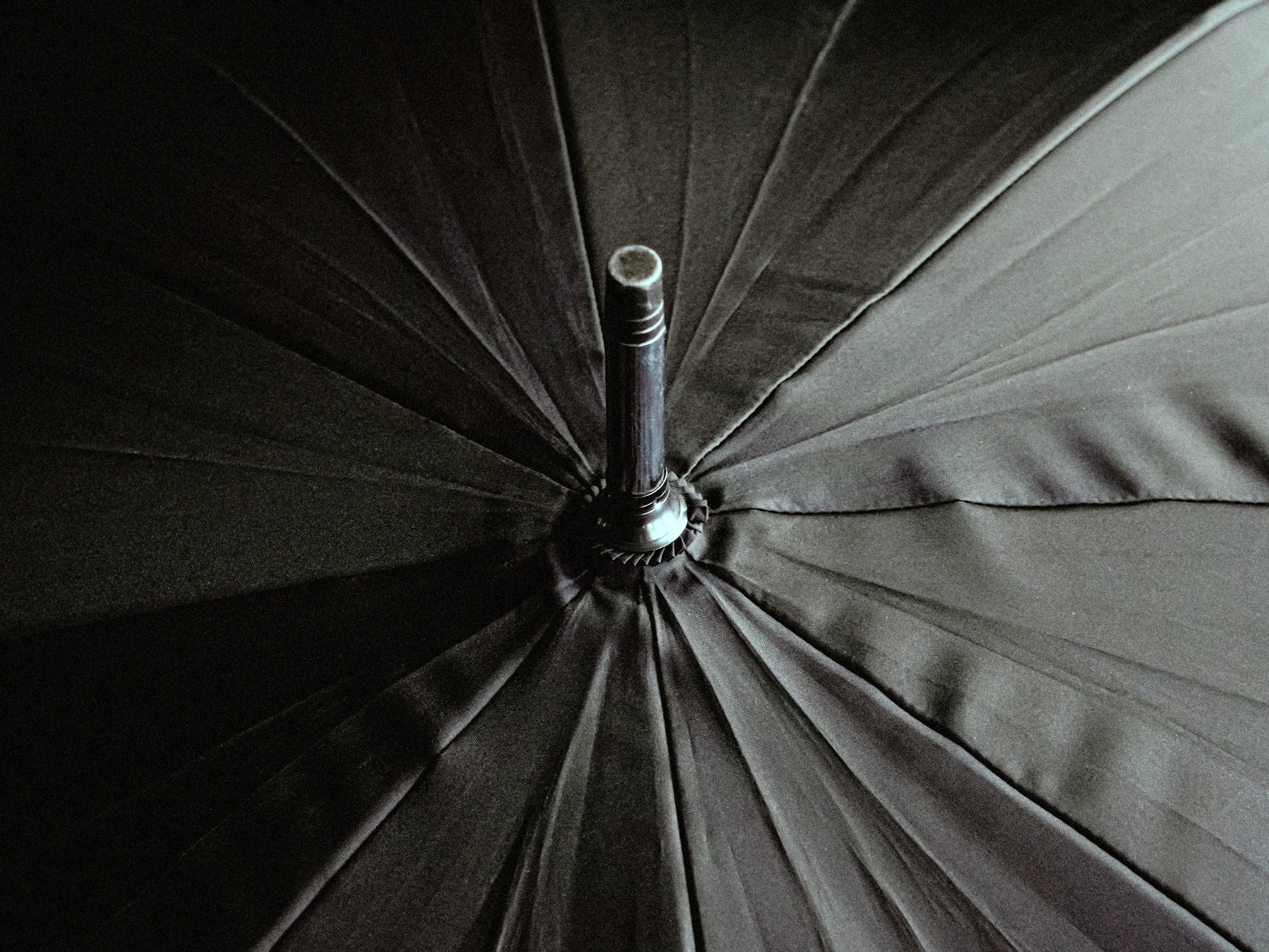 Close-up view of the inside of a black umbrella