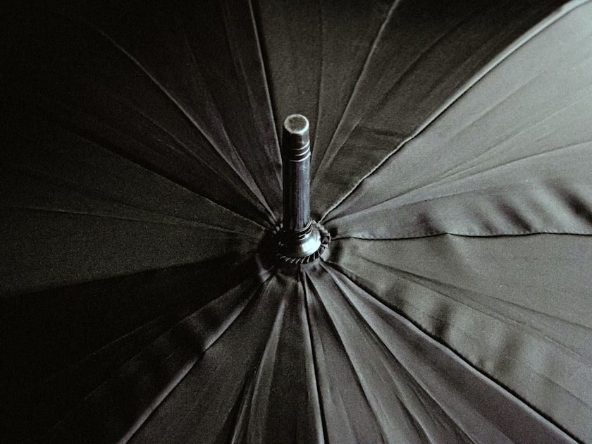 Close-up view of the inside of a black umbrella