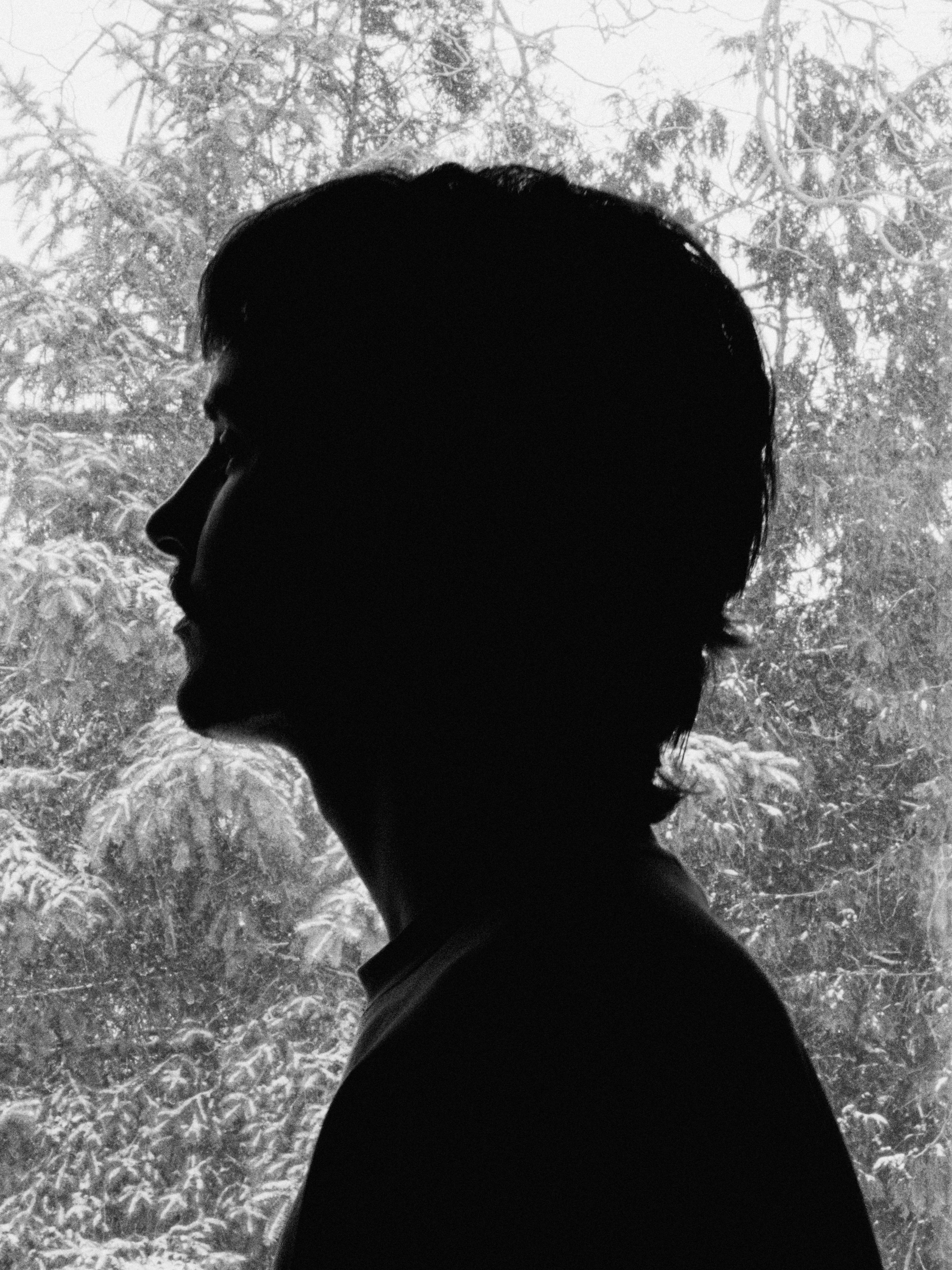 Silhouette of a person against a snowy forest