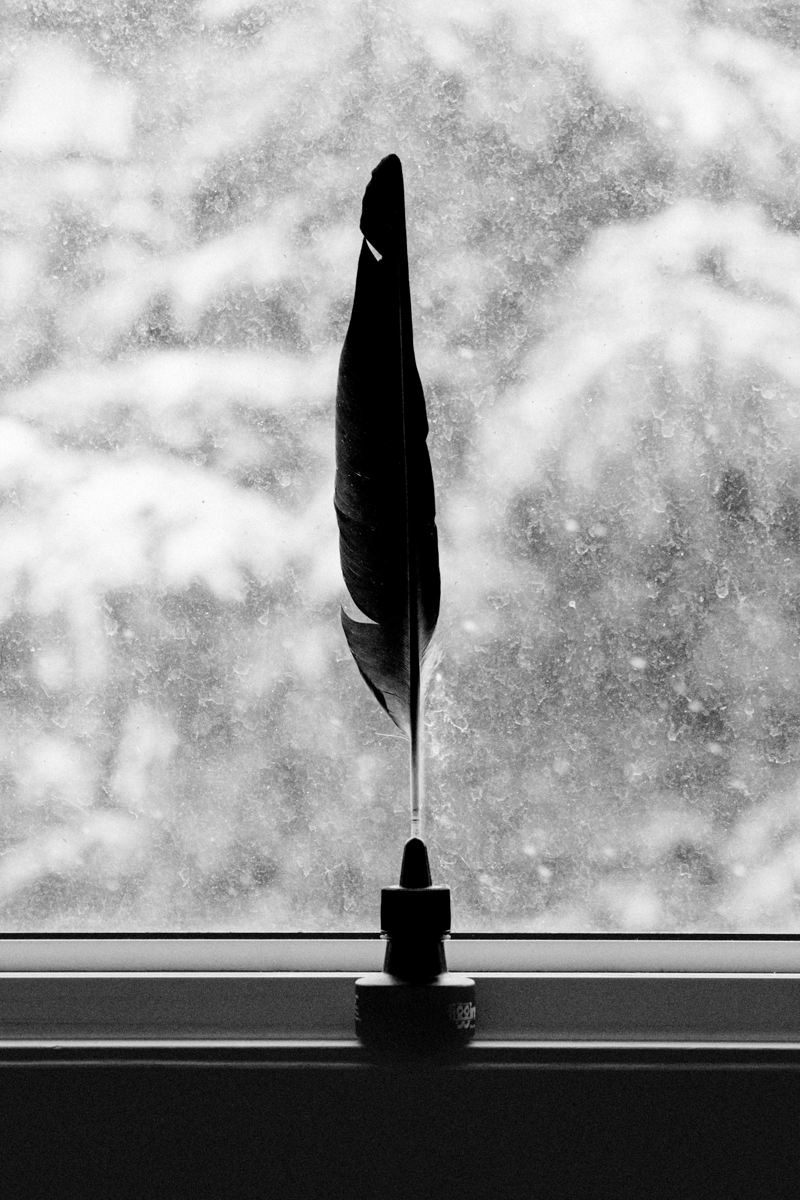A quill pen standing in an inkwell beside a window, ready for letter-writing