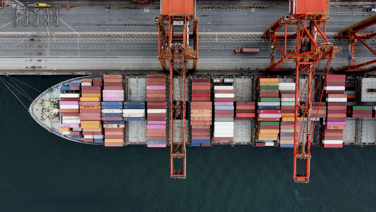 Shipping containers stacked at a freight terminal