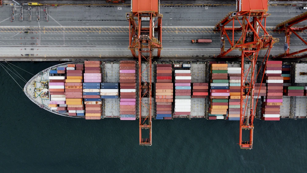Aerial view of a container ship at a port terminal