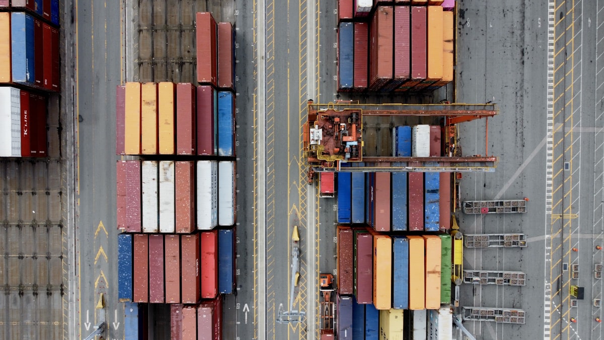 Aerial view of shipping containers at port