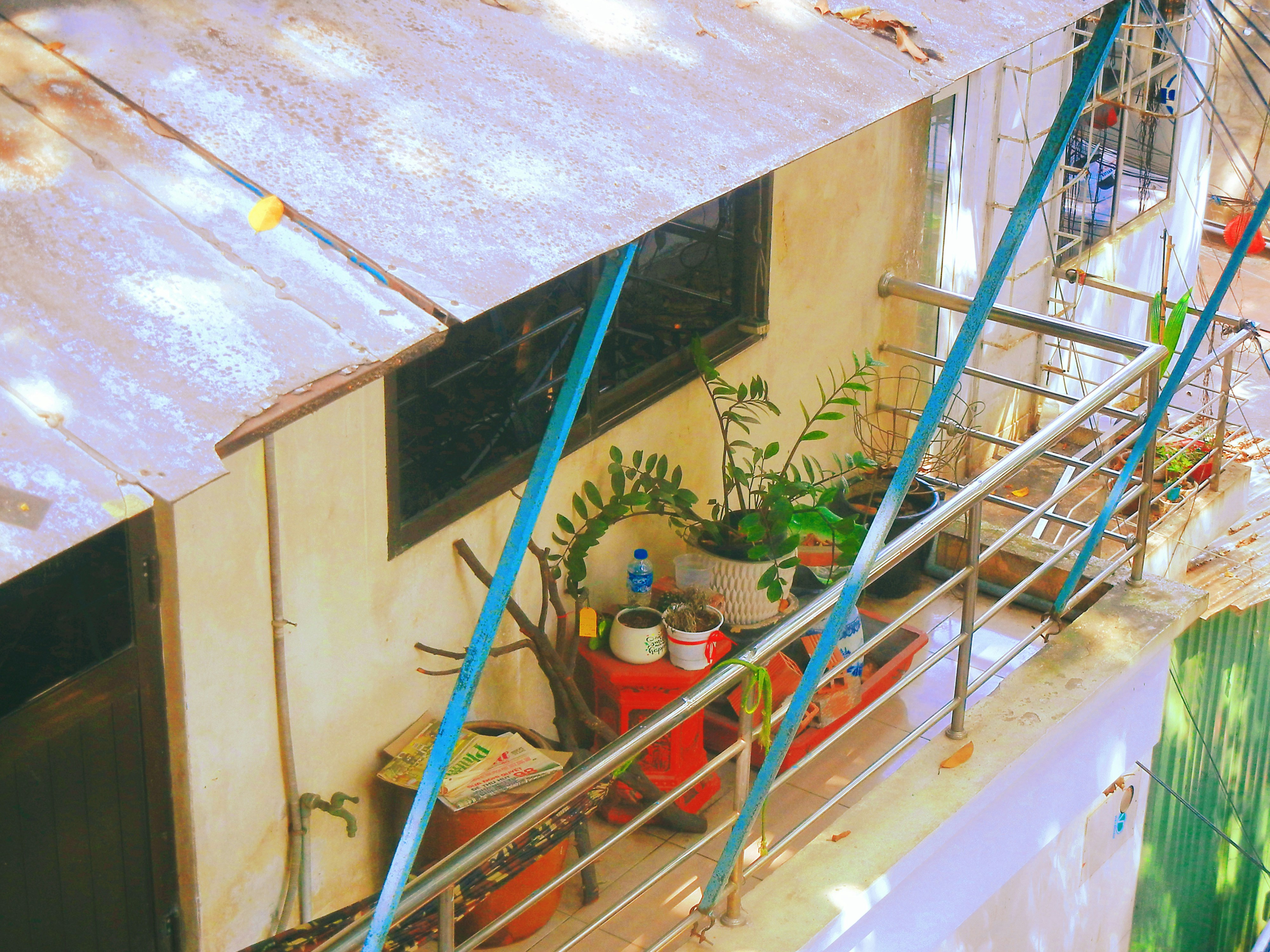 Balcony with potted plants and metal railing.