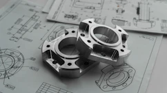 Two metal mechanical parts on engineering blueprints