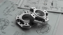 Two metal mechanical parts on engineering blueprints