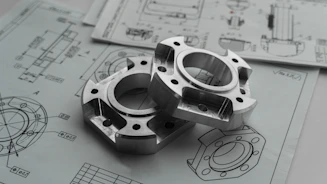 Two metal mechanical parts on engineering blueprints