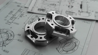 Two metal mechanical parts on engineering blueprints