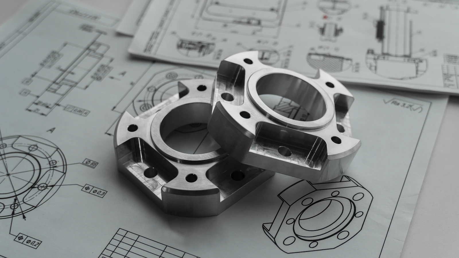 Precision-milled steel part on engineering drawings