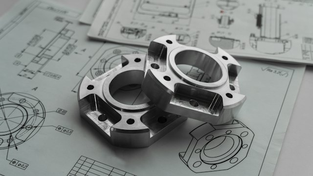 Machined metal parts on engineering drawings