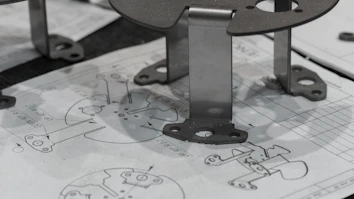 Metal components resting on engineering blueprints.