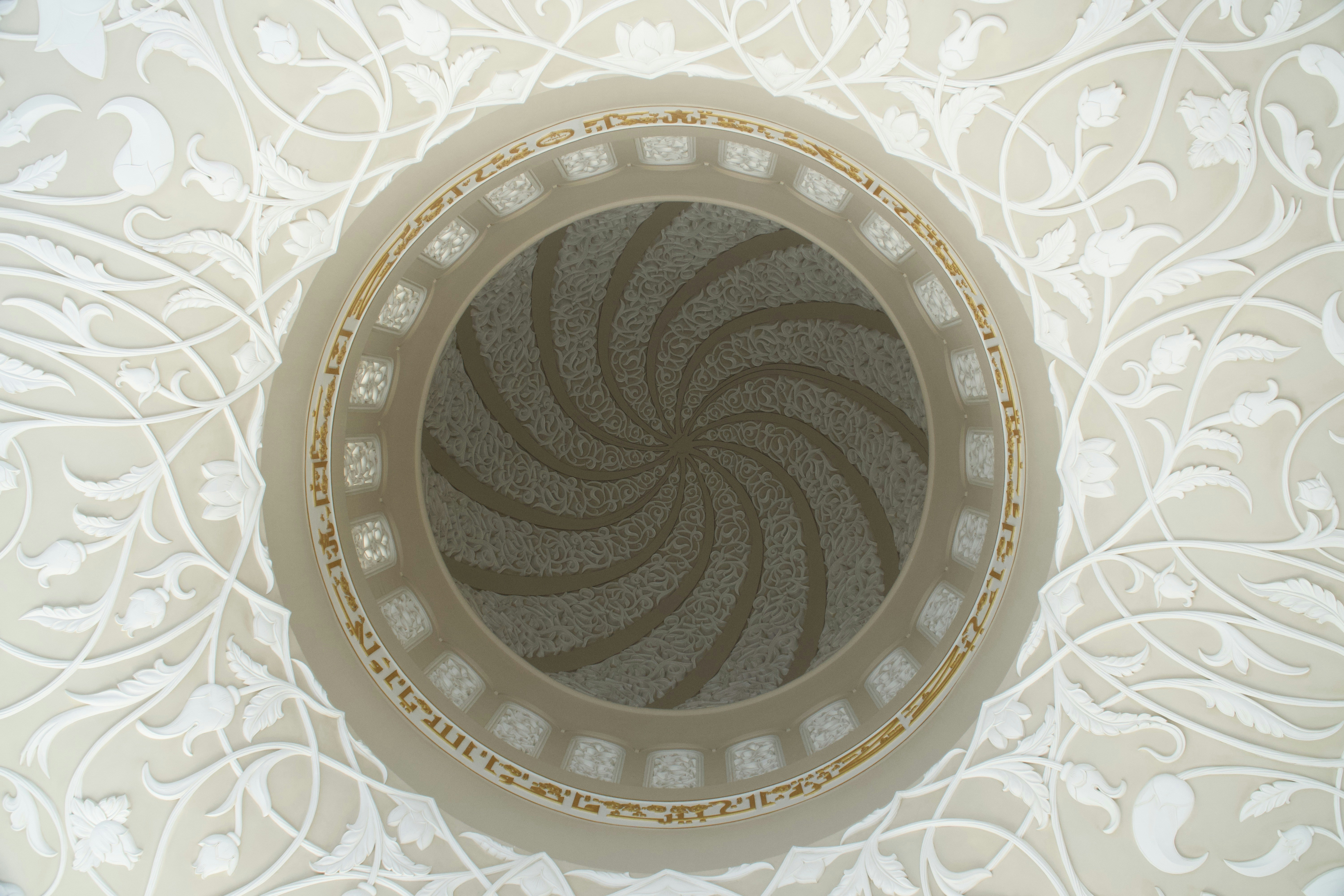 Motivi floreali intricati su un soffitto bianco