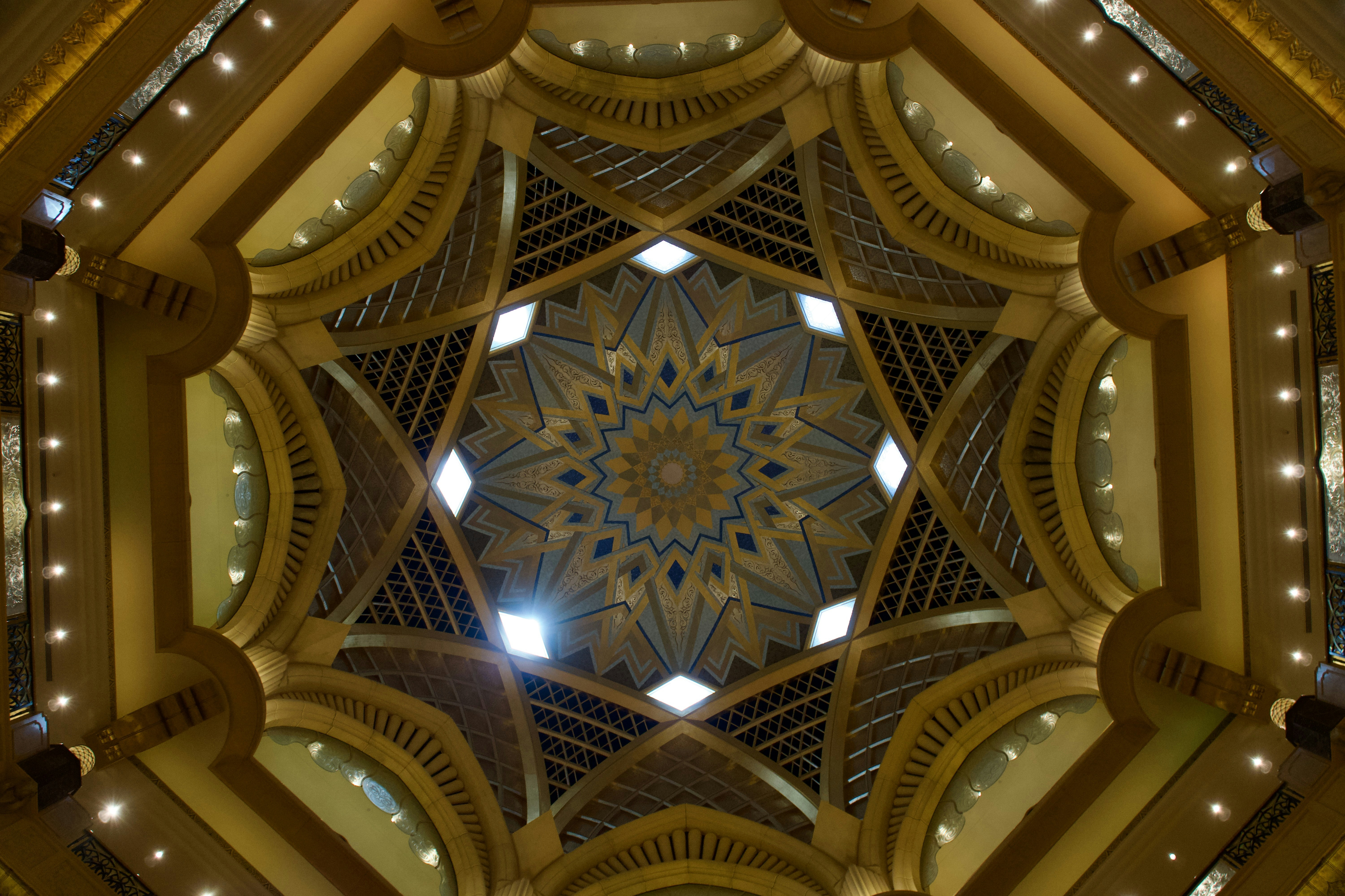 Intricate geometric ceiling design with natural light