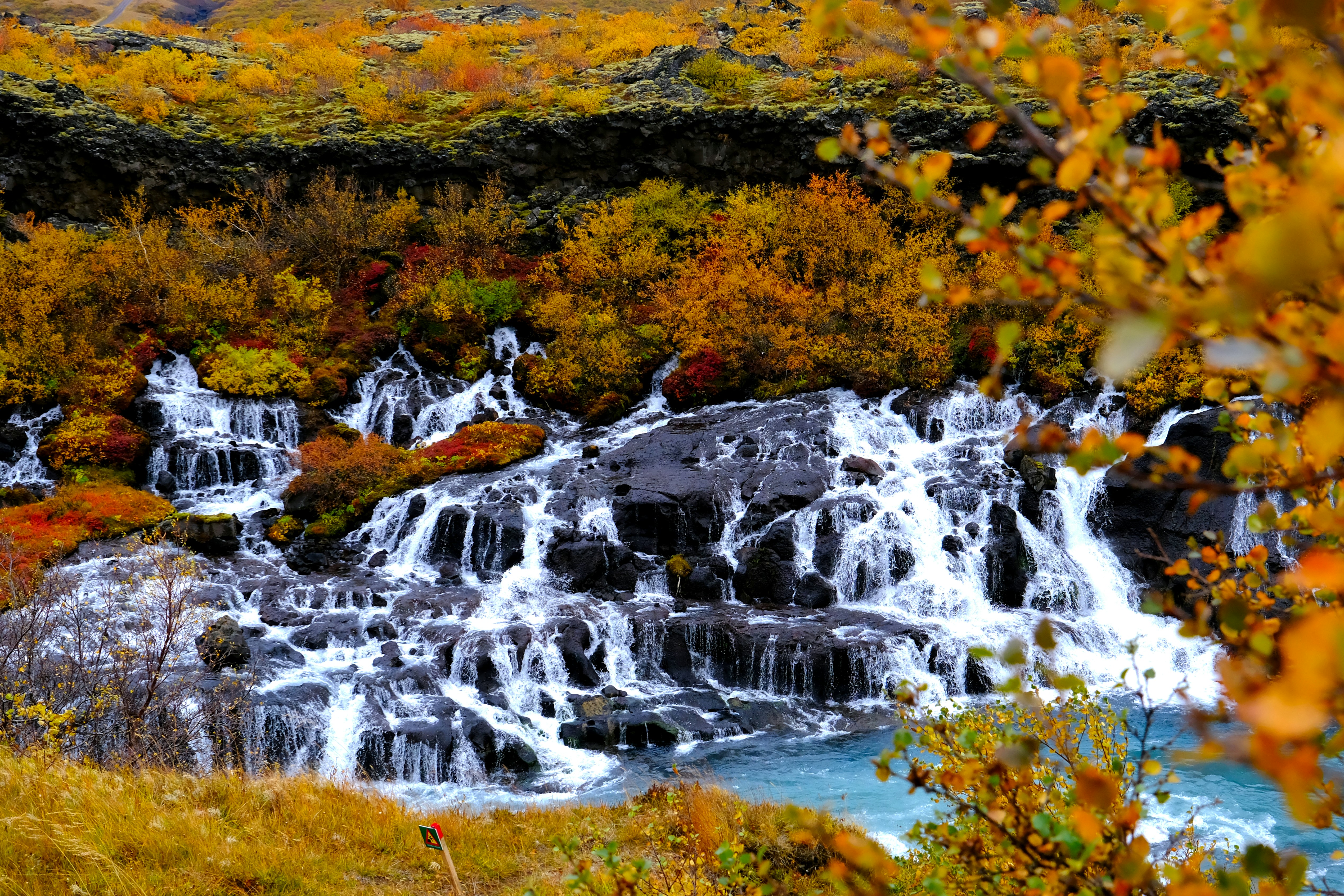 Autumn waterfall flowing over dark rocks with foliage