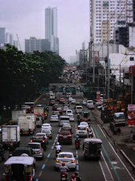 Heavy traffic congestion on a busy city street.