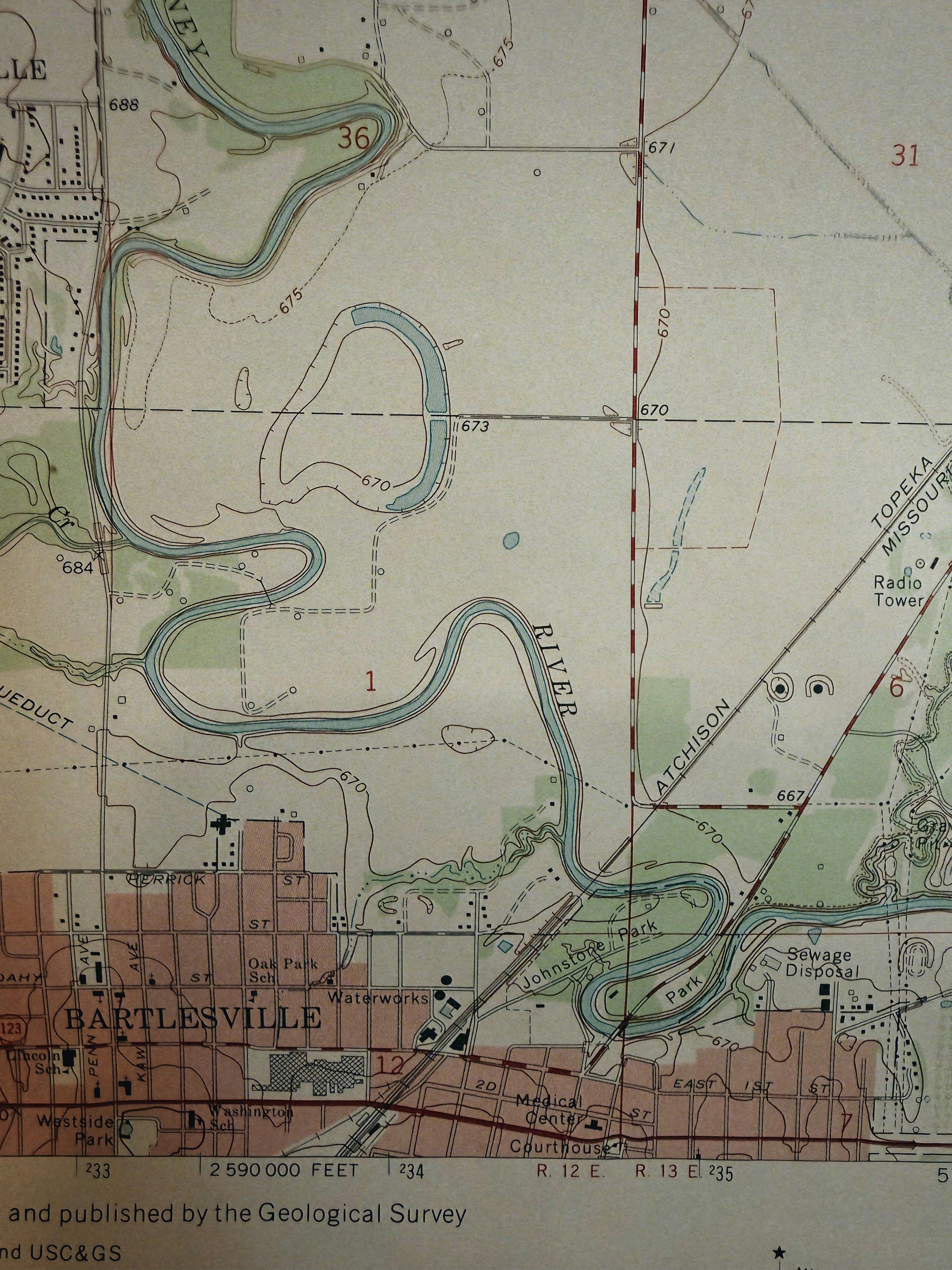 Map showing the winding verdigris river near bartlesville