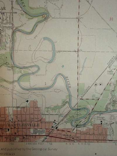 Map showing the winding verdigris river near bartlesville