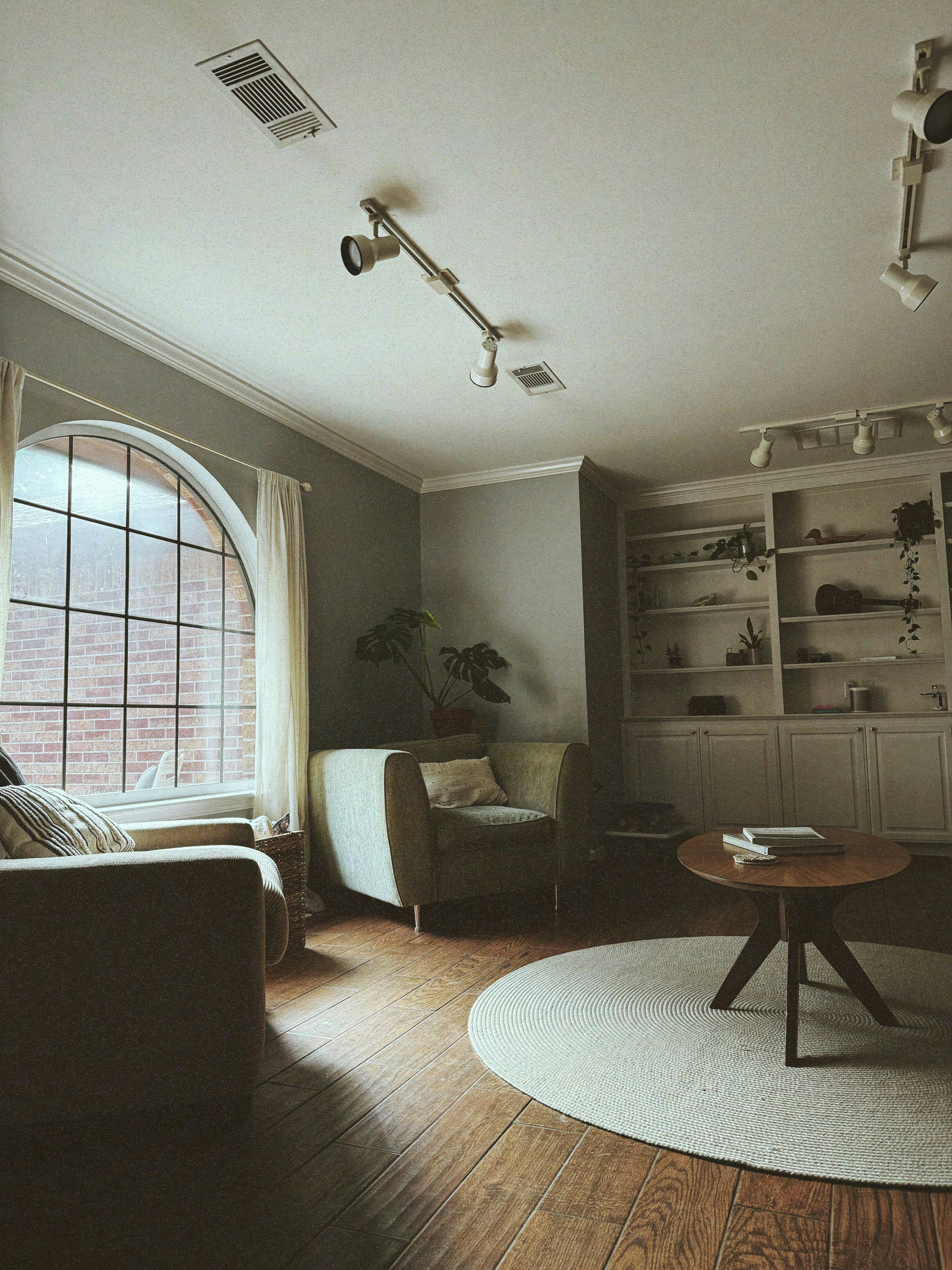 Cozy living room with arched window and bookshelf