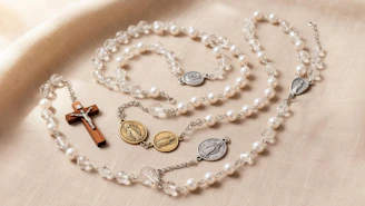 Two rosaries with wooden cross and medals