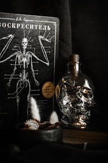 Skull-shaped bottle with lights next to anatomical chart