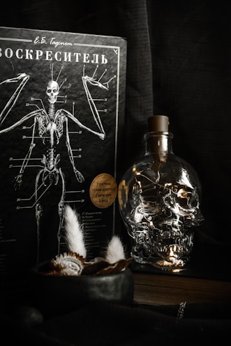 Skull-shaped bottle with lights next to anatomical chart
