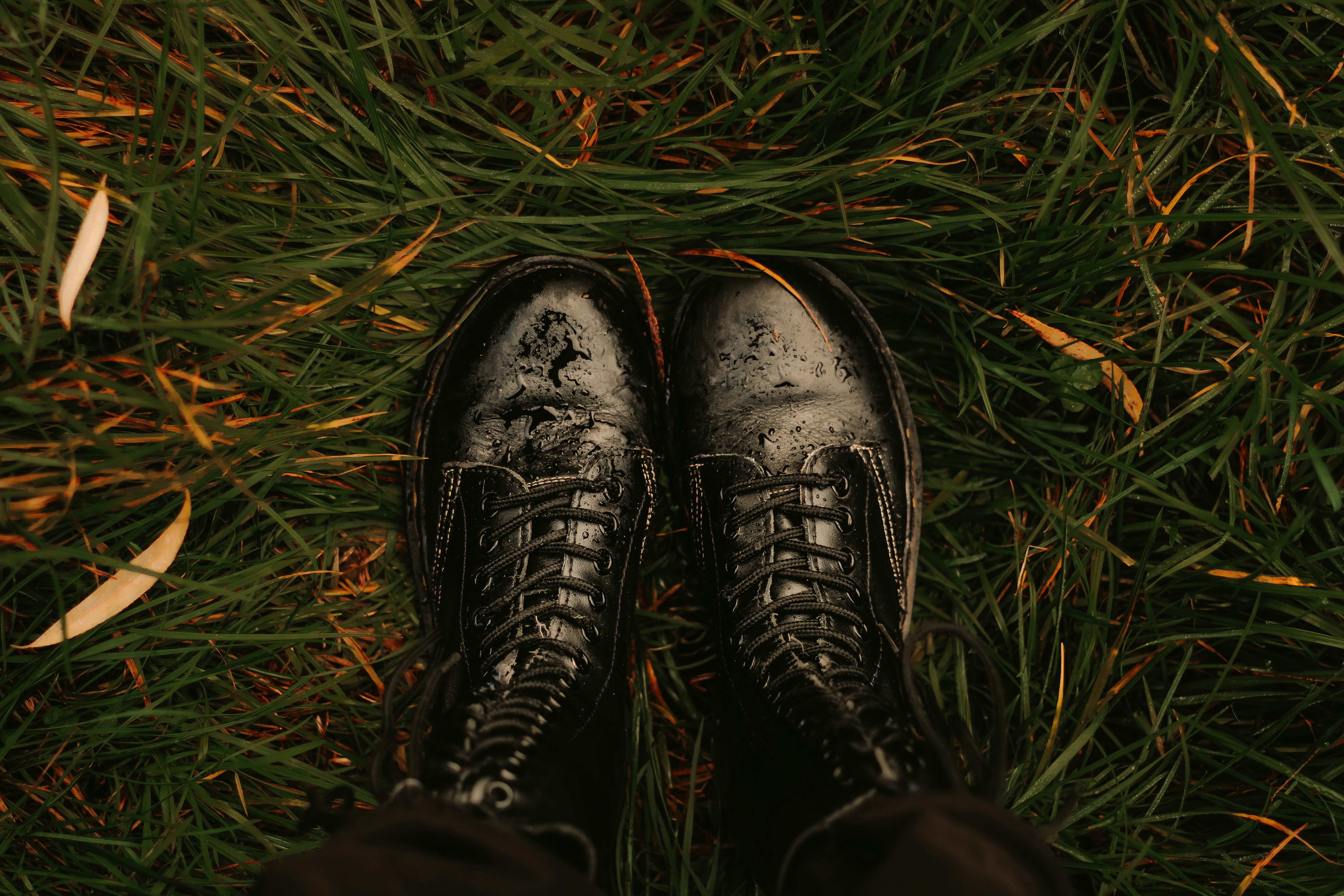 Pair of black combat boots on green grass