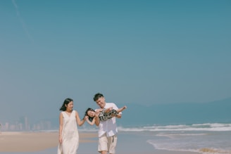 Family walking on a beach with clear blue sky
