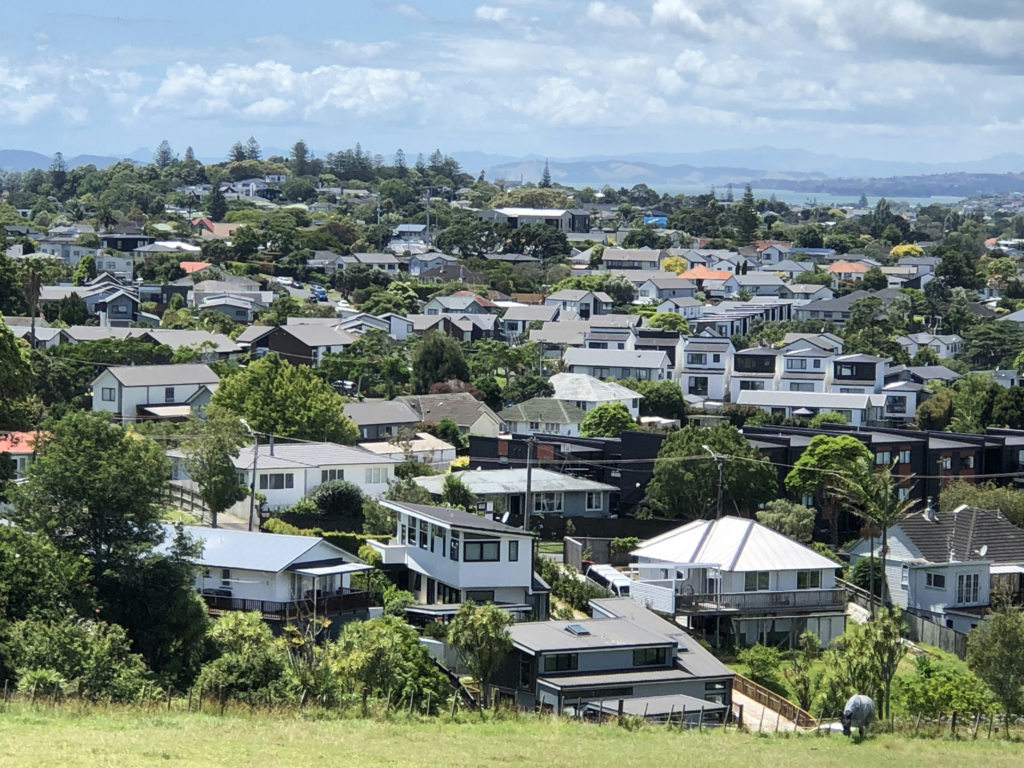 Bairro suburbano com casas e colinas verdes.