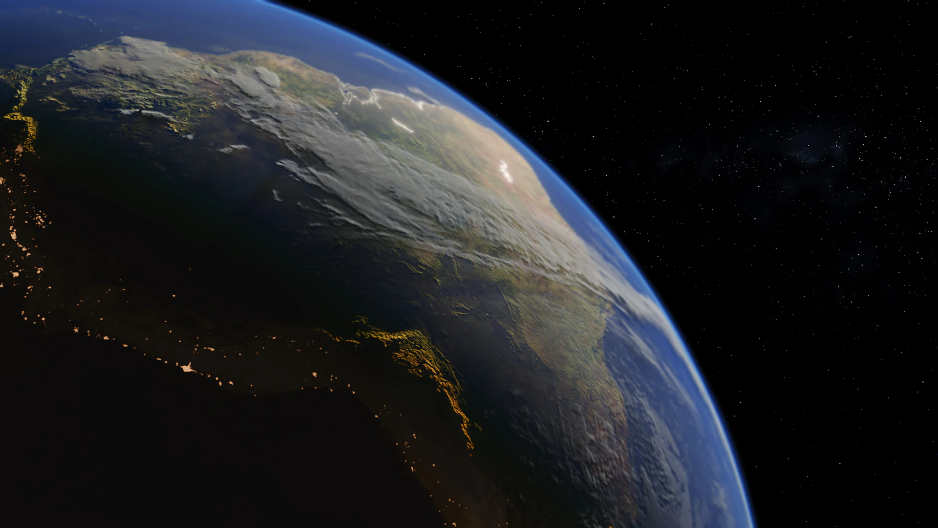 View of earth from space showing landmasses and city lights